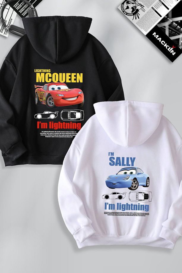 Sevgili Çift Baskılı Şimşek McQueen ve Sally Özel Tasarım Kapüşonlu Sweatshirt 2li Set Takım - 1