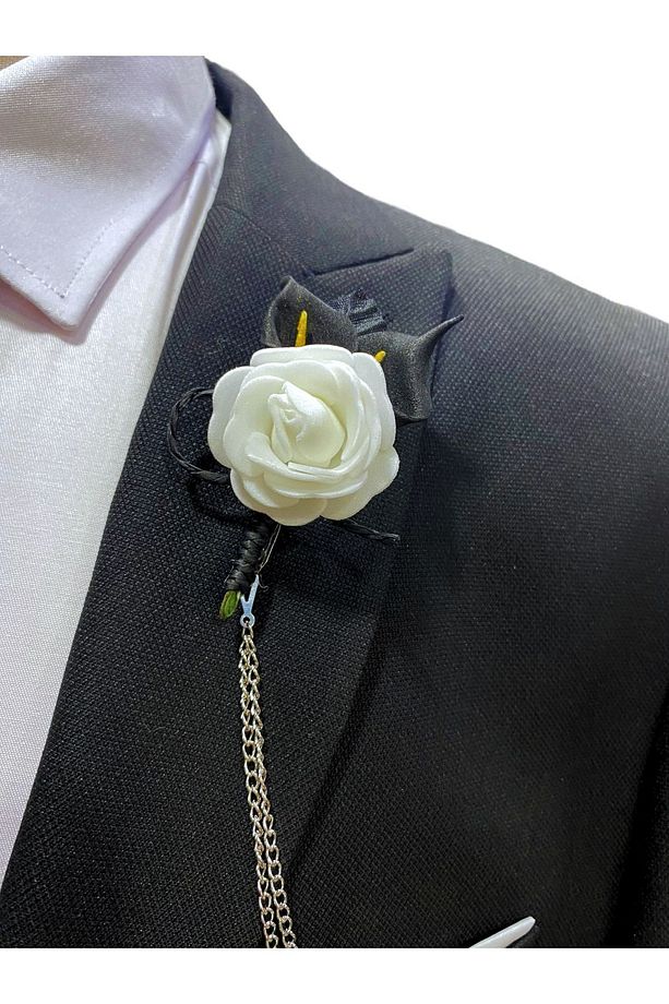 Beyaz Renk Zincirli Damat Yaka Çiçeği ( Kişiselleştirilmiş Harf Seçeneği İle) - 7