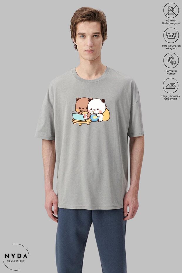 Unisex Crew Neck Bubu Dudu Teddy Bear Printed Cotton Oversize Short Sleeve T-Shirt