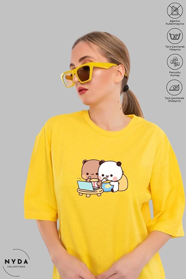 Unisex Crew Neck Bubu Dudu Teddy Bear Printed Cotton Oversize Short Sleeve T-Shirt