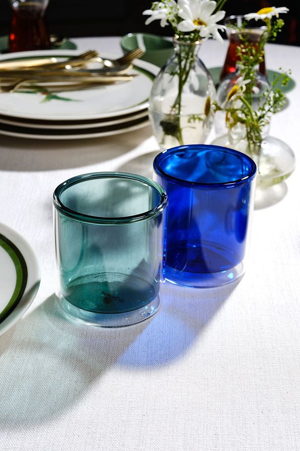 Pia Çift Cidarlı Cam Mavi Su Bardağı 280 ml - 3