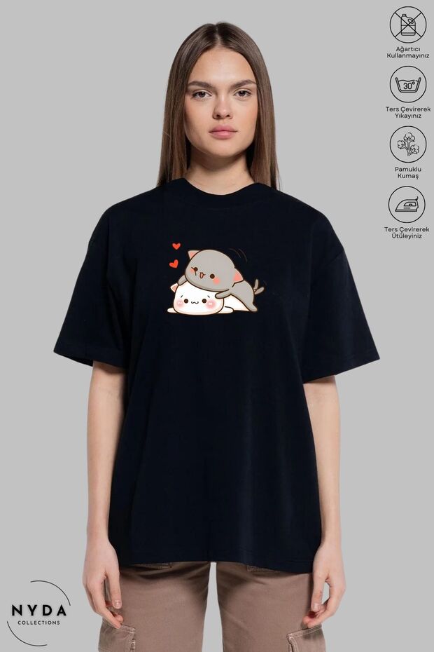 Unisex Crew Neck Bubu Dudu Hugging Heart Printed Cotton Oversize Short Sleeve T-Shirt