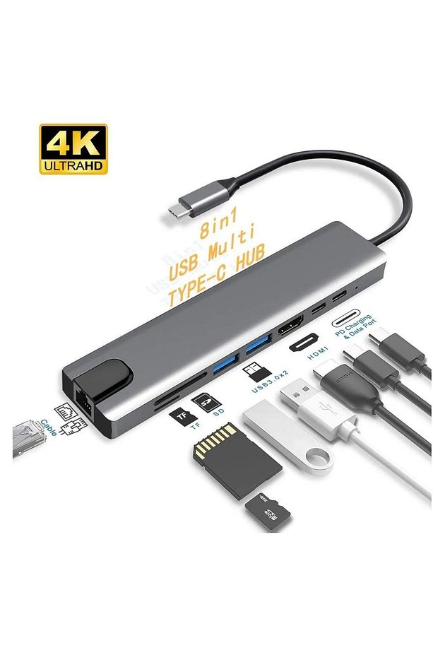 8 In 1 Ethernet Rj45 Sd Tf Usb Type C Hub Hdmı Girişli Macbook Çevirici Çoğaltıcı - 1