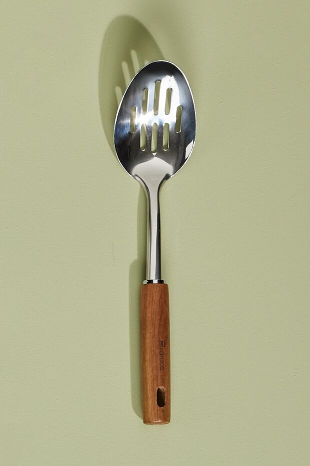 Woody Acacia Wood Handle Stainless Steel Slotted Serving Spoon 30 Cm