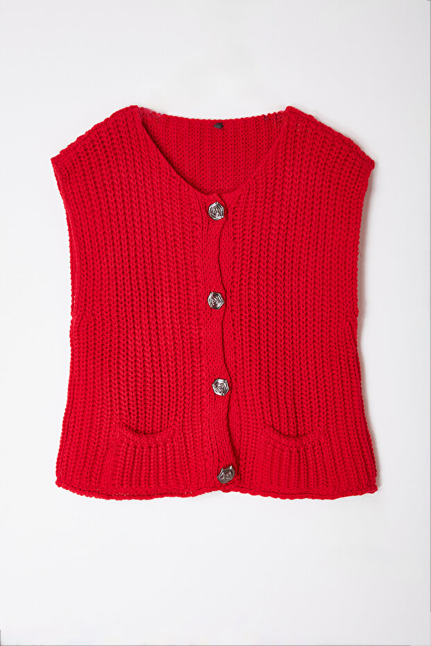 Kırmızı Yumuşak Dokulu Fitted Triko Triko Yelek TWOAW25YE00027 - 6