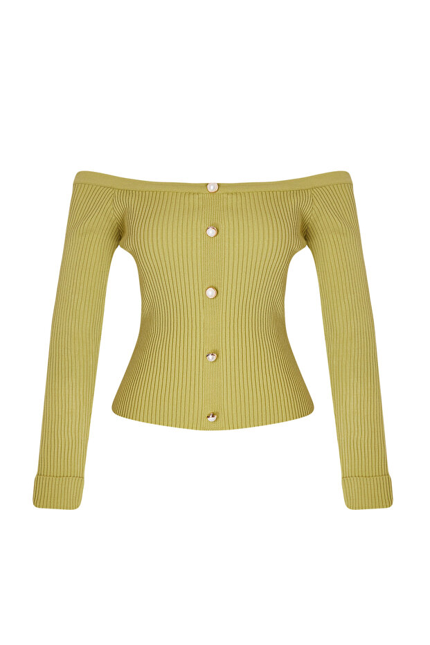 Yeşil Carmen Yaka Fitted/Vücudu Saran Triko Hırka TWOAW25HI00138 - 6