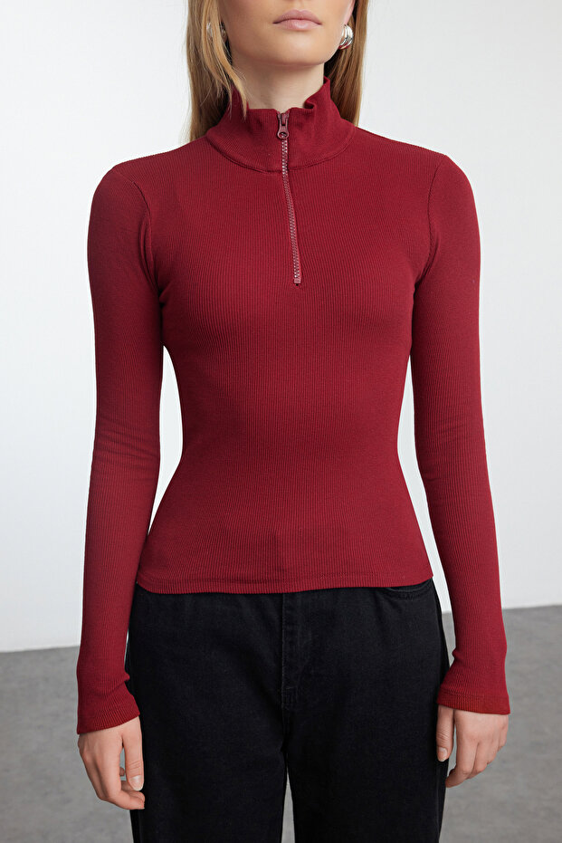 Bordo Fitted/vücuda Oturan Fermuarlı Yaka Esnek Örme Bluz TWOAW25BZ00163 - 3