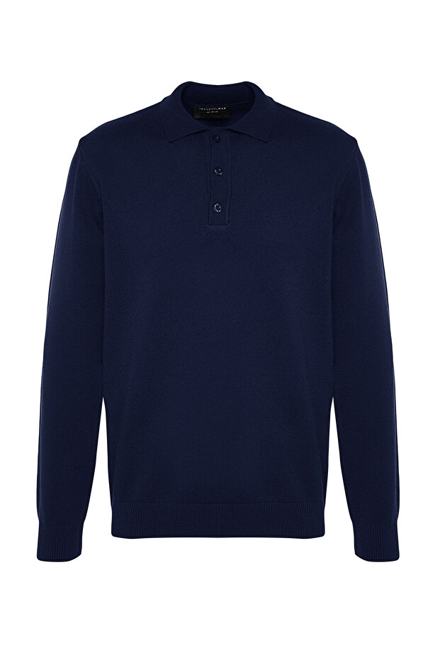 Lacivert Erkek Regular Polo Yaka Düz Triko Kazak TMNAW24KZ00067 - 9