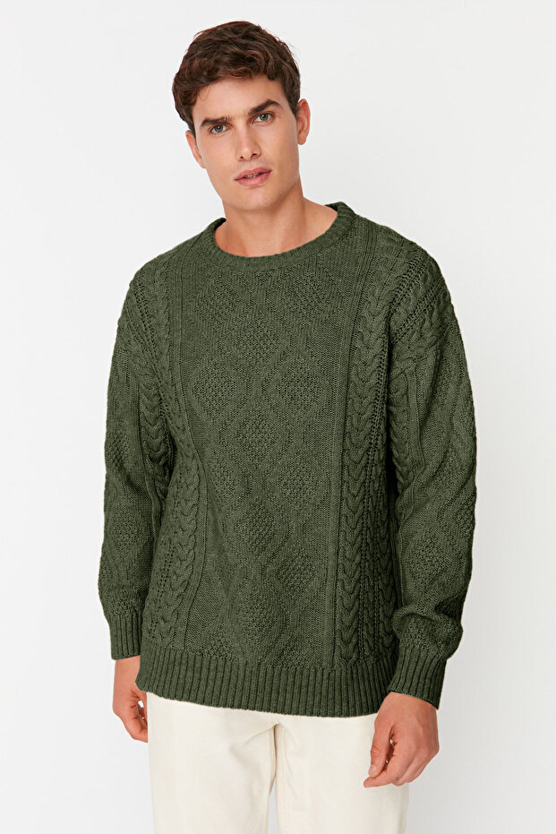 Haki Oversize Bisiklet Yaka Saç Örgü Kazak TMNAW23KZ00280 - 2