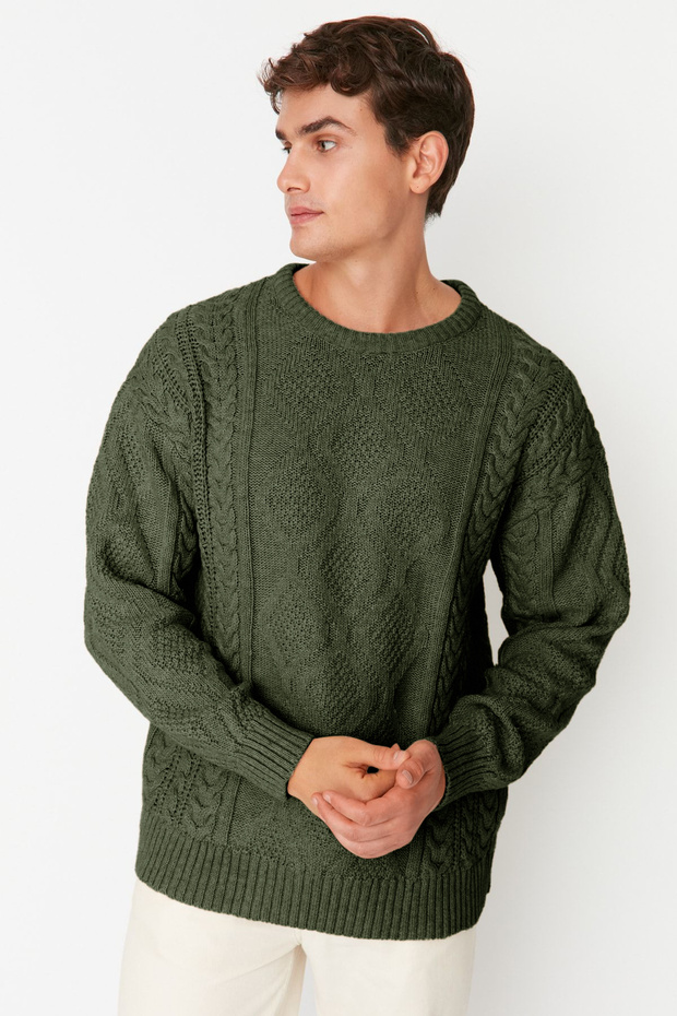 Haki Oversize Bisiklet Yaka Saç Örgü Kazak TMNAW23KZ00280 - 3
