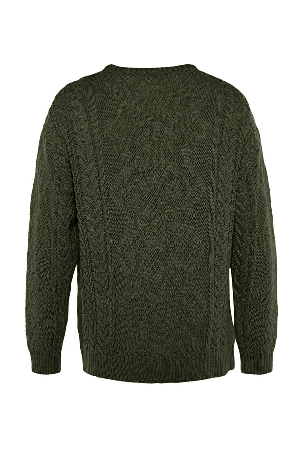 Haki Oversize Bisiklet Yaka Saç Örgü Kazak TMNAW23KZ00280 - 9