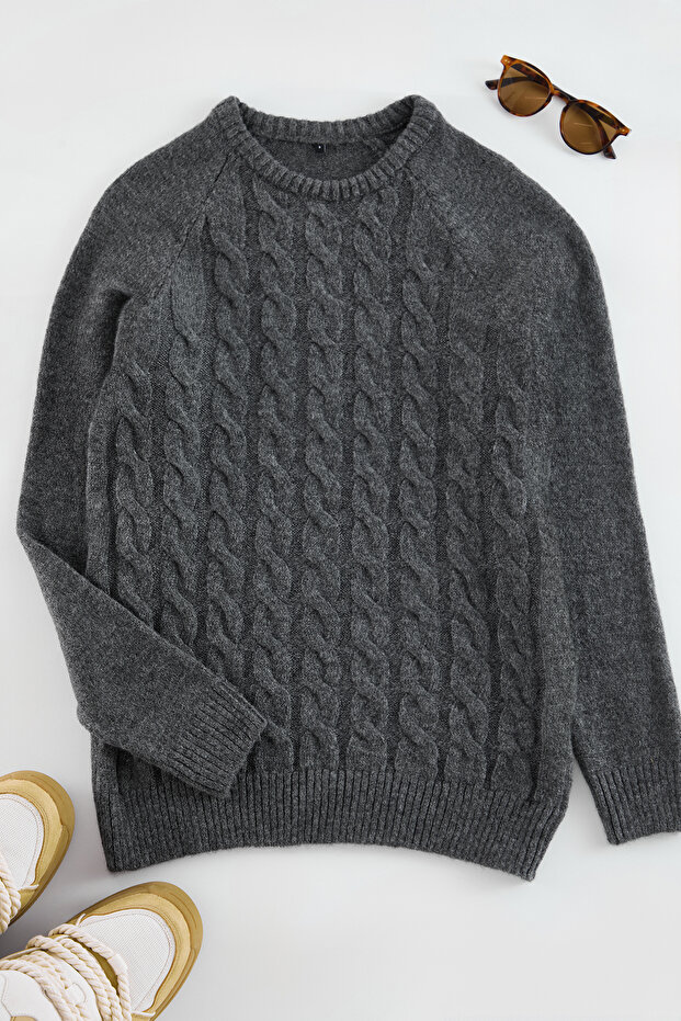 Antrasit Slim Fit Bisiklet Yaka Saç Örgü Triko Kazak TMNAW25KZ00012 - 6