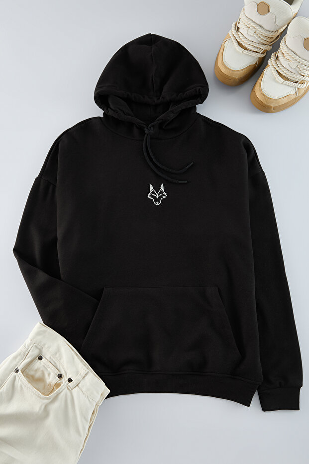 Siyah Oversize/Geniş Kesim Kapüşonlu İçi Polarlı Kurt Nakışlı Sweatshirt TMNAW24SW00018 - 4