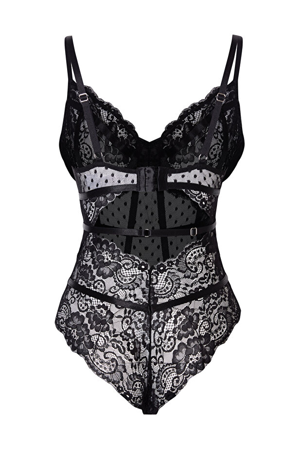 Siyah Dantelli İp Askılı Çıtçıtlı Örme Body THMAW24BD00005 - 6