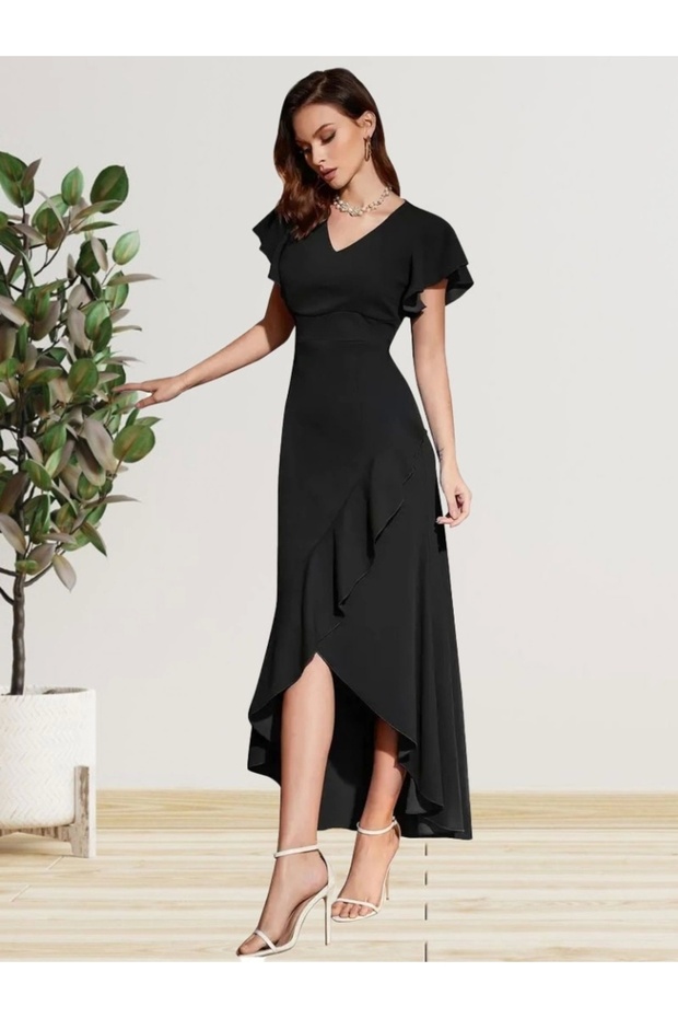 Imported Crepe Dress - Women's Sleeves and Skirt with Flounces