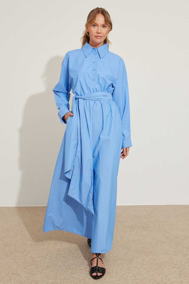 Blue Striped Poplin Dress - Belt Detailed