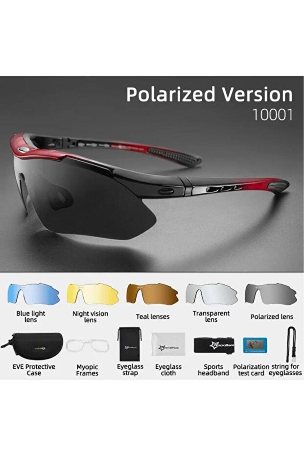 Schulzz Rockbros Polarize %100 Uv Korumalı Kırmızı 5 Lensli Bisiklet Spor Dağ Kayak Gözlüğü