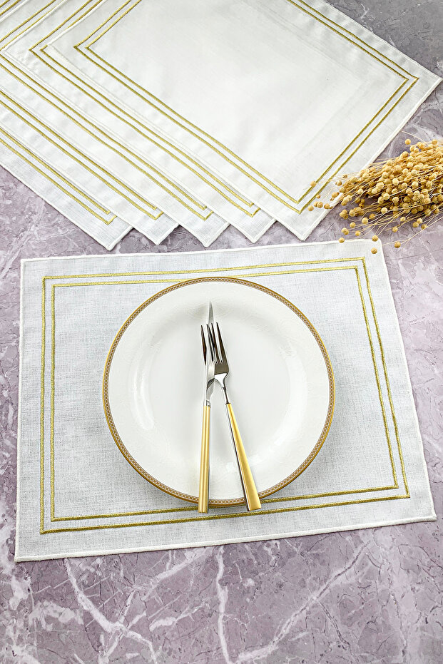 White Color Glitter Gold Double Line Embroidered Rectangular 34X44Cm 6-Piece American Service Set