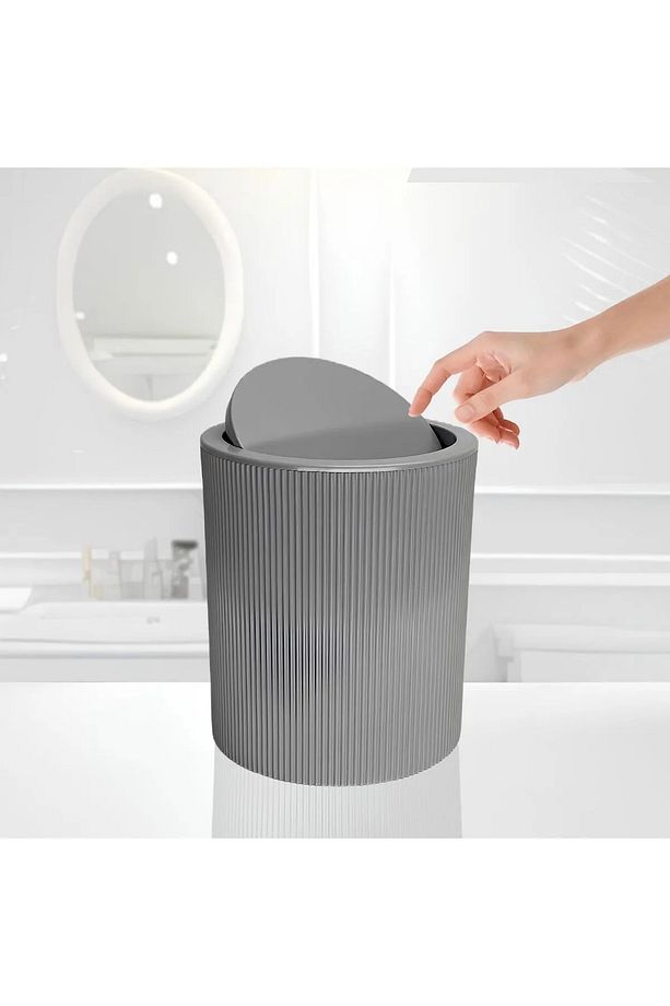 6 Lt Pratik Kapak Mutfak Çöp Kovası - Çizgili Tasarım Yuvarlak Banyo Çöp Kovası - 2