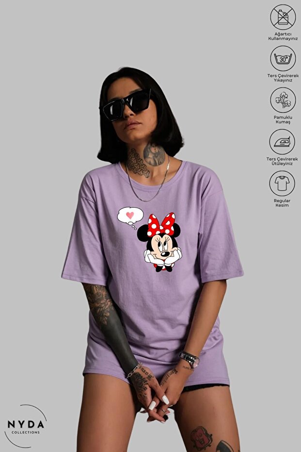 Women's Oversized Crew Neck Cotton Mickey Mouse Printed Short Sleeve T-Shirt