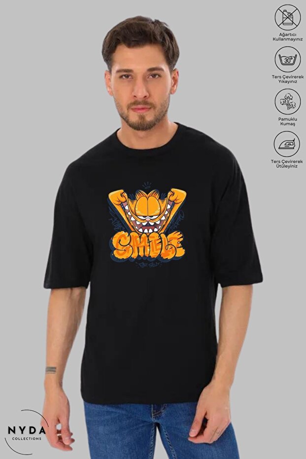 Unisex Crew Neck Garfield Smile Printed Cotton Oversize Short Sleeve T-Shirt