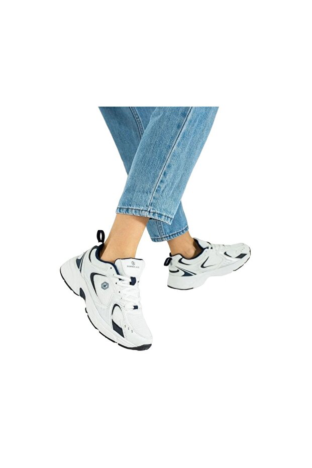 23144 Women's White Navy Blue Thick Sole Memory Orthopedic Walking Training Sneaker Daily Sports Shoes