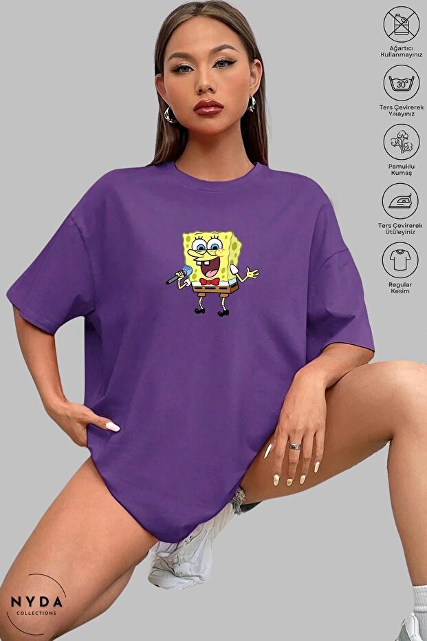 Unisex Oversize Crew Neck Cotton Sponge Bob Printed Short Sleeve T-Shirt