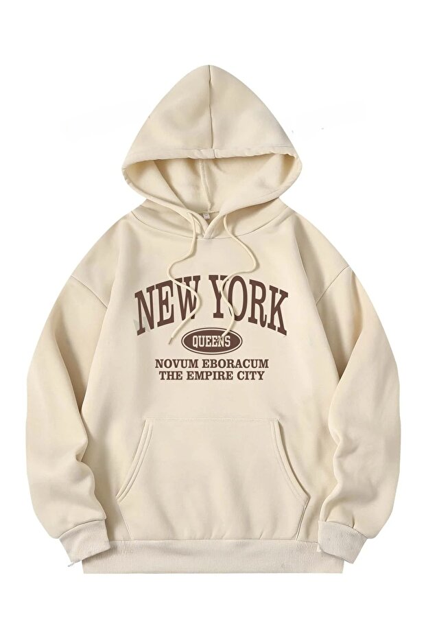 Unisex Beige Ny Queens Printed 3 Thread Hooded Hoodie Sweatshirt