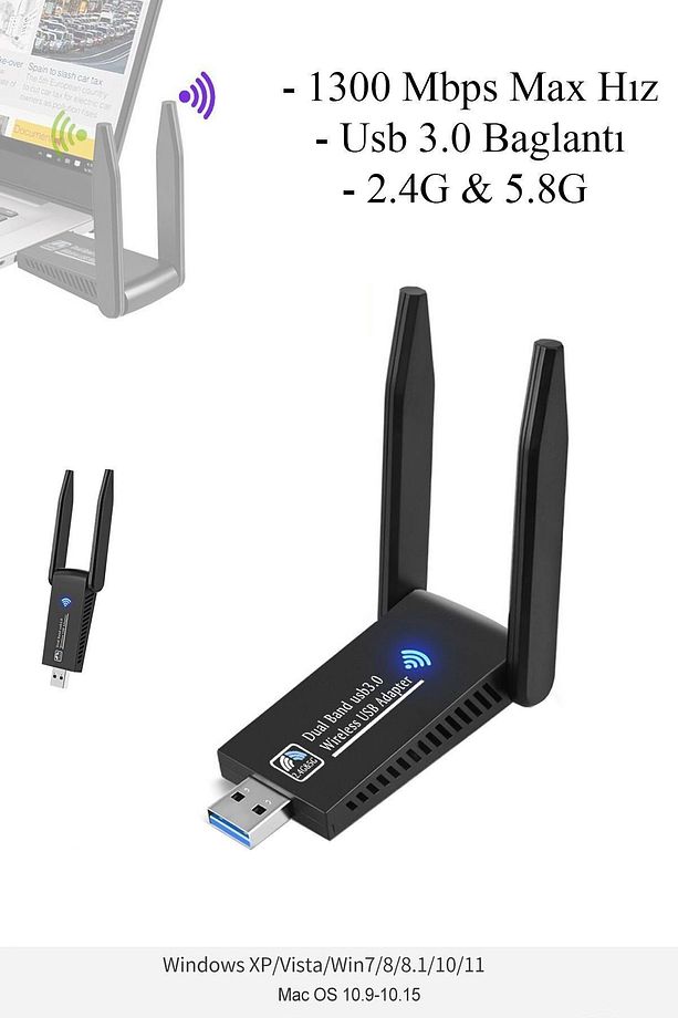 Yüksek Kalite Çift Antenli Ac1300 Mbps Dual(ÇİFT) Bant Usb 3.0 Adaptör Kablosuz Usb Wifi Adaptörü - 1
