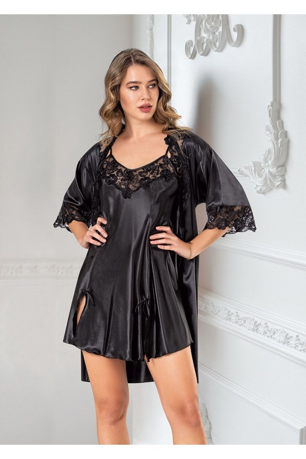 Satin Nightgown Dressing Gown Set of 2 Lace and Laced Black 1622