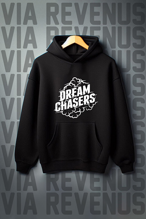 Dream Chaser Printed Kangaroo Pocket 3 Thread Raised Oversize Wide Fit Hooded Sweatshirt