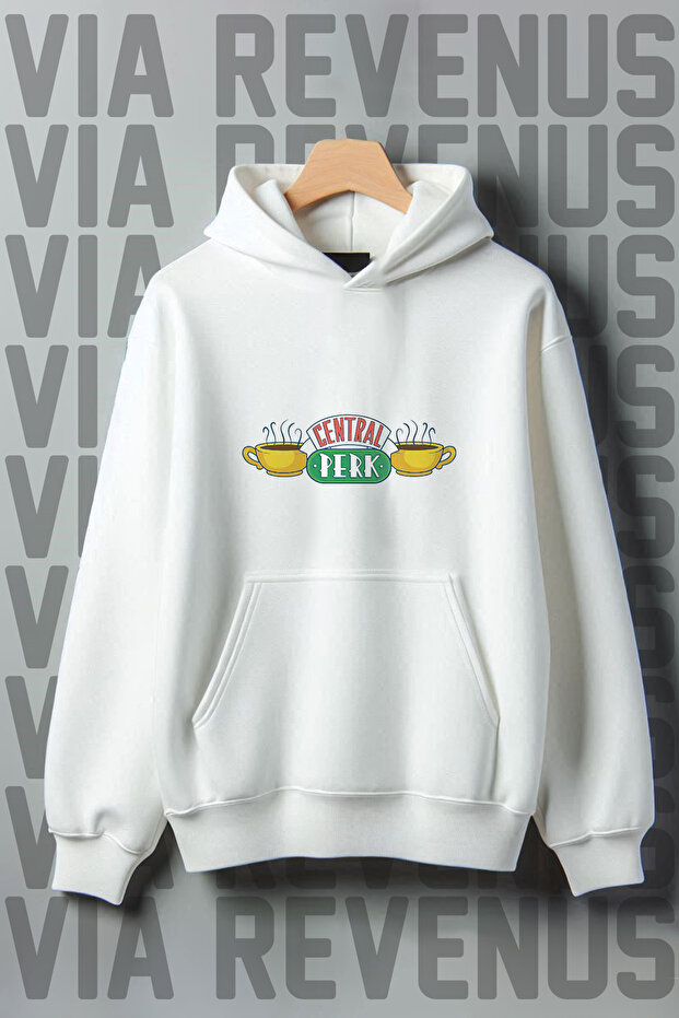 Central Perk Printed White Kangaroo Pocket 3 Threaded Threaded Oversize Wide Fit Hooded Sweatshirt