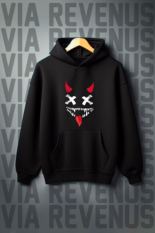 3 Thread Devil Smile Printed Kangaroo Pocket Oversize Hooded Sweatshirt