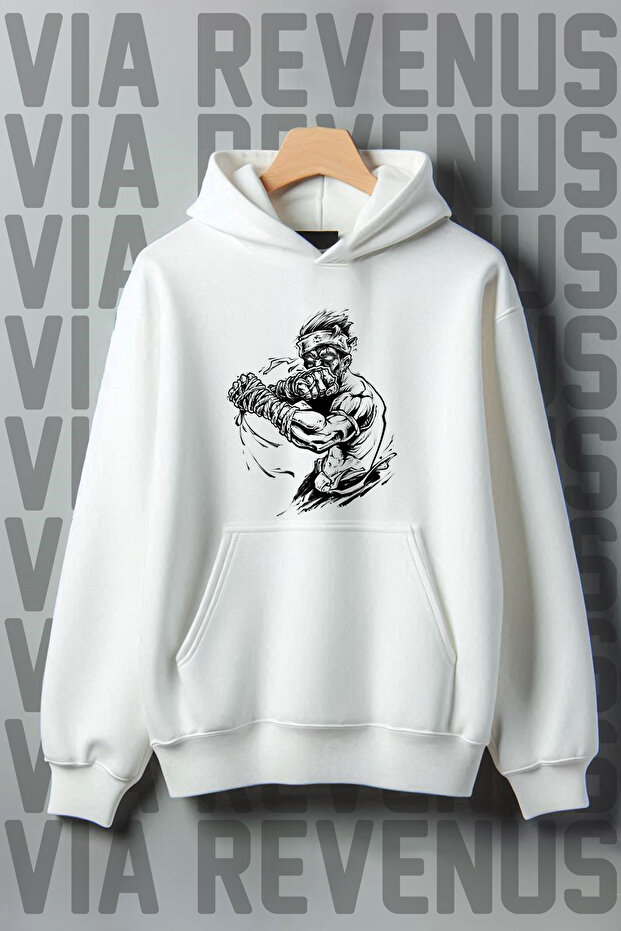 White Hooded - Fighter Printed Wide Fit Sweatshirt, 3 Thread Raster Kangaroo Pocket