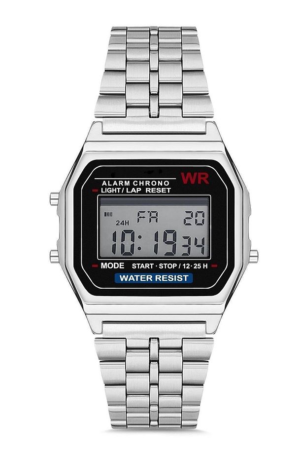 Özel Kutulu Retro Model Gümüş Renk Unisex Kol Saati Takvim Alarm Aydınlatma Kronometre - 1