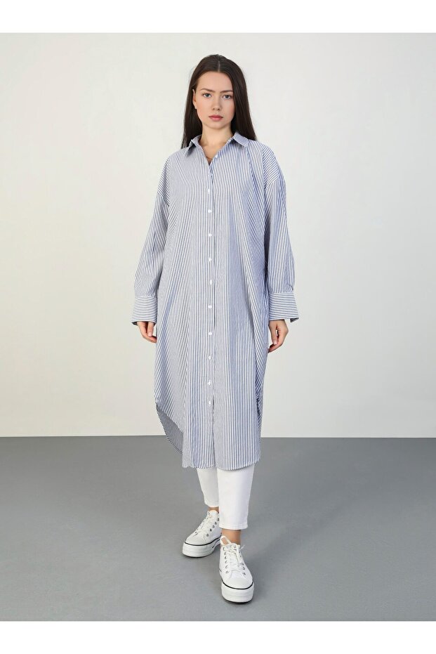 Navy Blue Striped Oversize Cotton Poplin Tunic Shirt - Benin