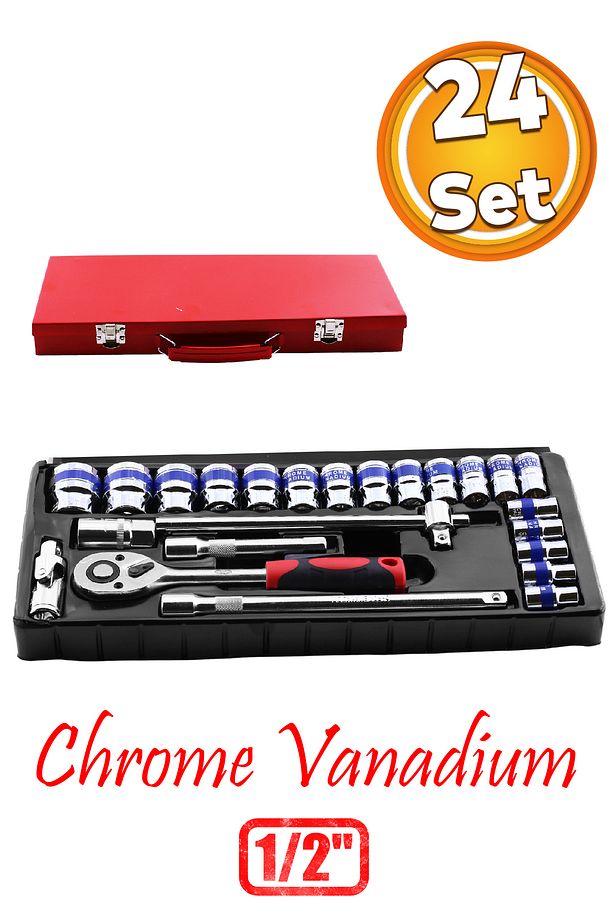 Lokma Takımı 24 Parça Uzatma T Kolu Buji Araç Tamir Cırcırlı Chrome Vanadium 1/2 Dr Socket Set - 1