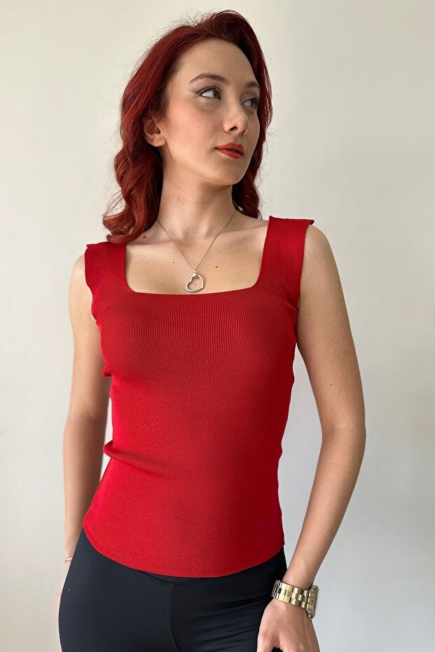 Kadın Askılı Kare Yaka Triko Örme Atlet Bluz - 3