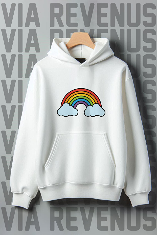 Rainbow Printed Kangaroo Pocket 3 Thread Raster Oversize Wide Fit Hooded Sweatshirt