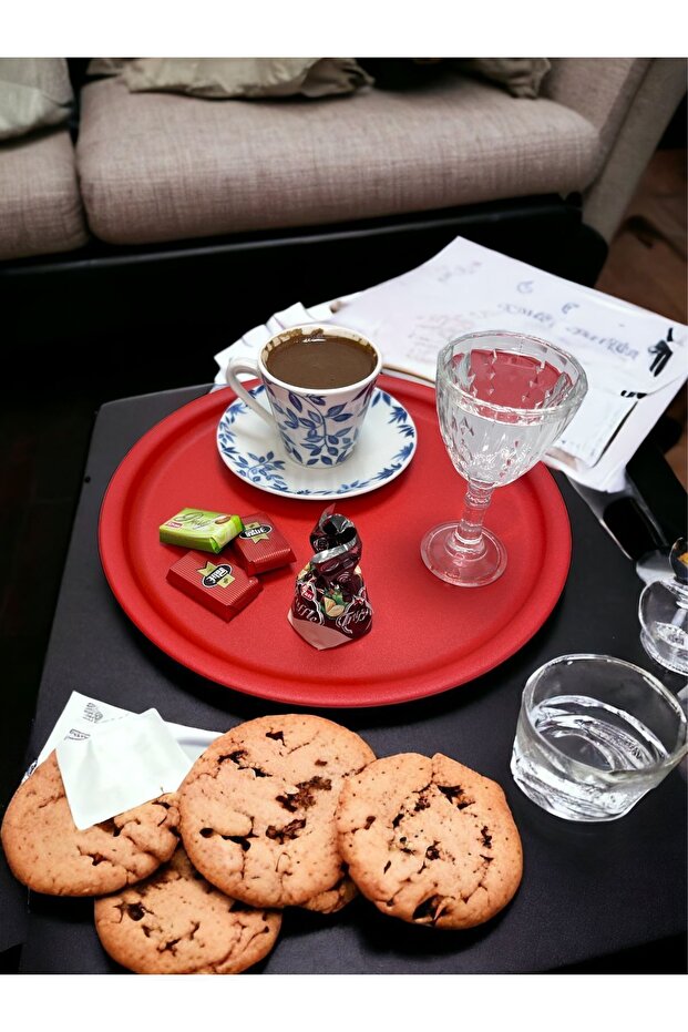 Single 22 Cm Red Metal Round Tea, Coffee, Cake Tray Presentation Tray