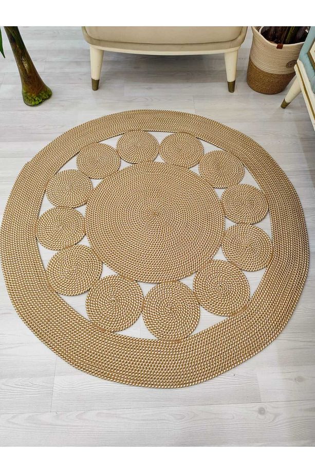 jüt Hasır görünümlü Desenli Modern El Örgüsü daire Halı Kilim - 6