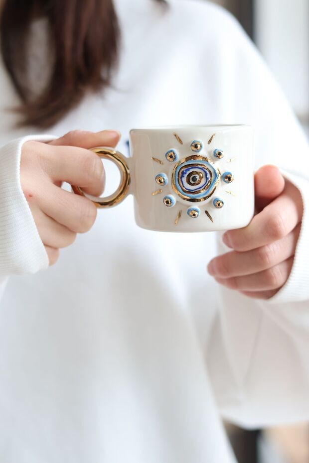 Big Evil Eye Bead Patterned 24k Gold Detailed 170 ml Turkish Coffee Cup and Saucer