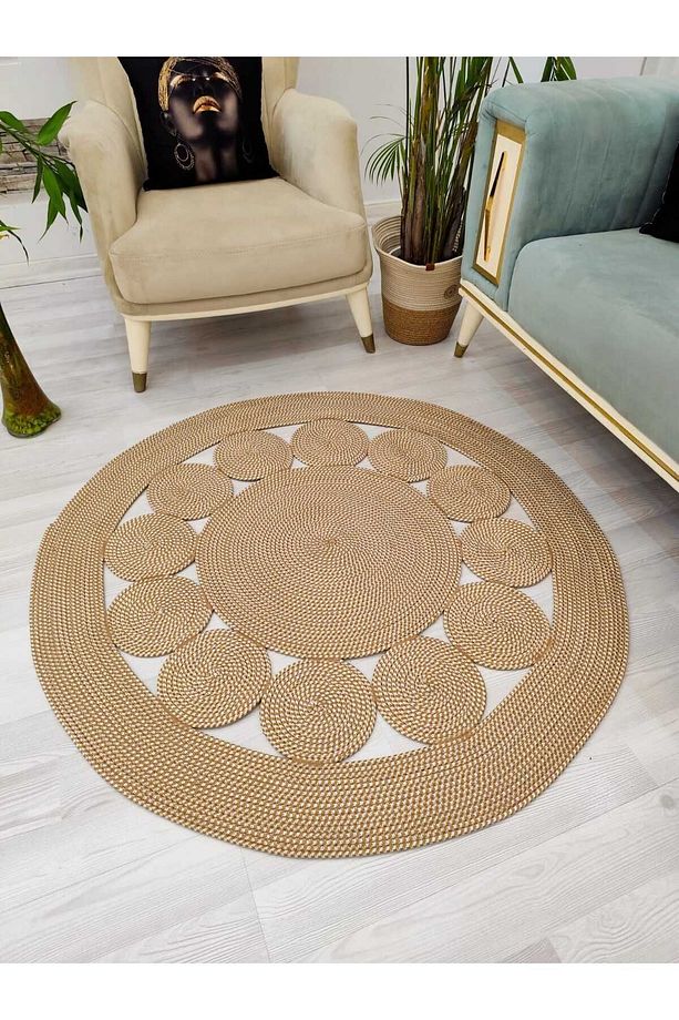 jüt Hasır görünümlü Desenli Modern El Örgüsü daire Halı Kilim - 7