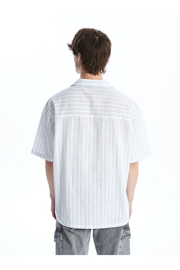 Regular Fit Kısa Kollu Çizgili Poplin Erkek Gömlek - 5