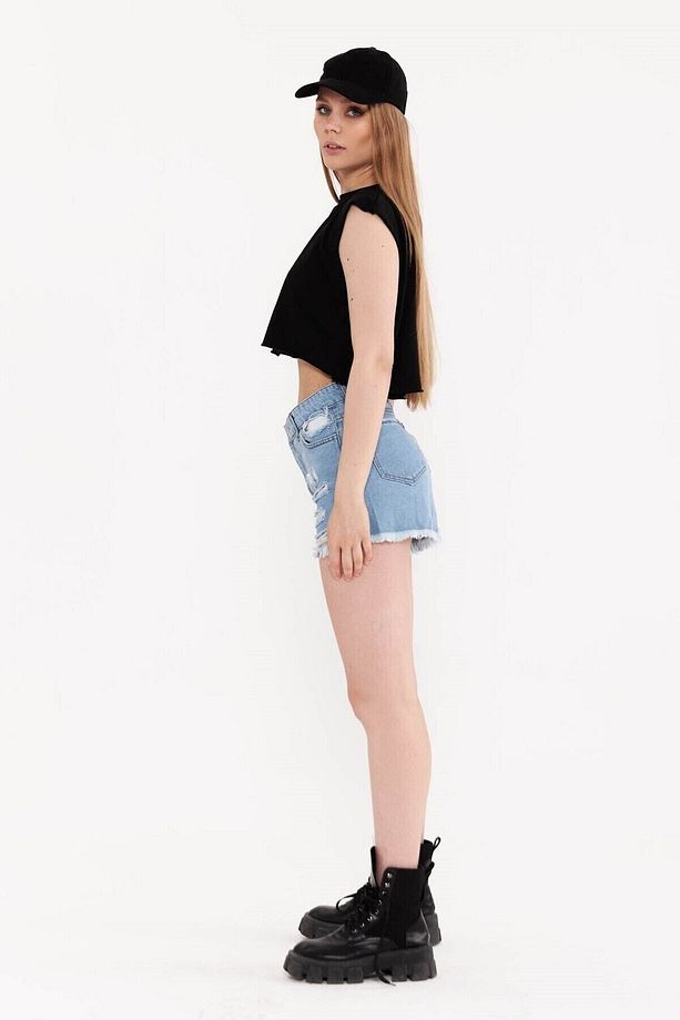 Mavi Yüksek Bel Lazer Yırtıklı Mini Denim Şort - 5