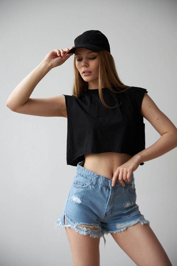 Mavi Yüksek Bel Lazer Yırtıklı Mini Denim Şort - 8