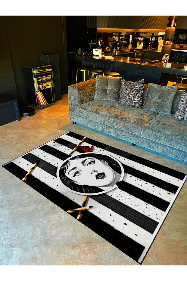 Black and White Line Themed Face and Pen Patterned Woven Base Carpet and Washable Carpet Miraface06