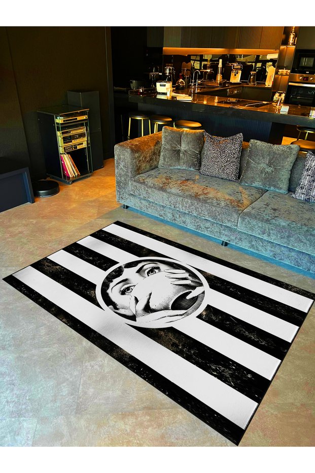 Black Beige Line Themed Women's Face Cup Detailed Woven Base Washable Carpet Miraface12