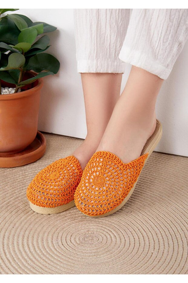 Kadın Hasır Taba Önü Kapalı Örgü Dantel Triko Örme Detaylı Şık Yazlık Ev Tatil Terliği - 1