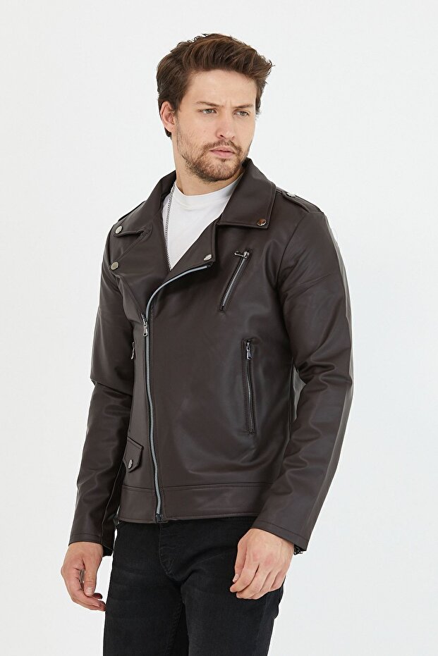 Men's Brown New Season Cross Zipper Leather Jacket Coat